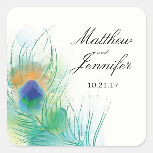 Waterverf Peacock Feather Wedding Vierkante Sticker (Voorkant)