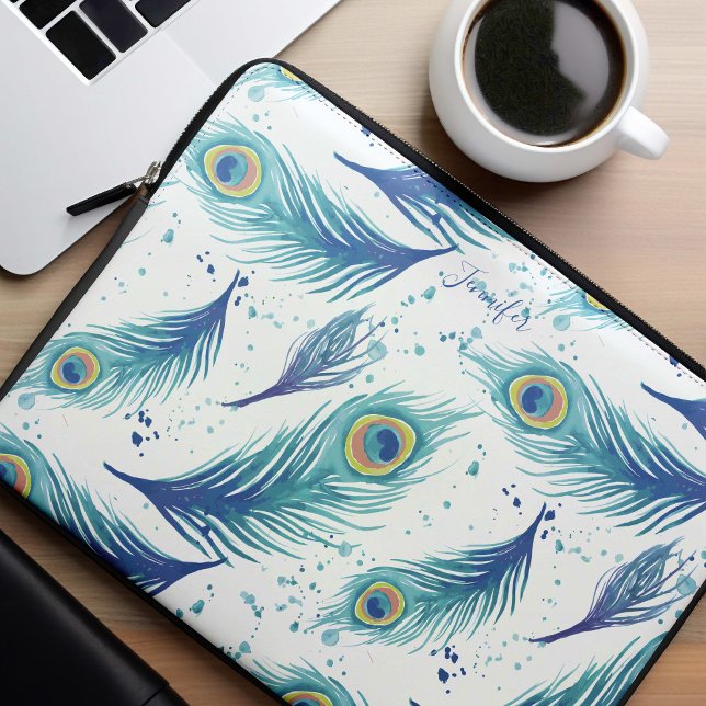 Waterverf Peacock Feathers Patroon Laptop Sleeve (Creator heeft geüpload)