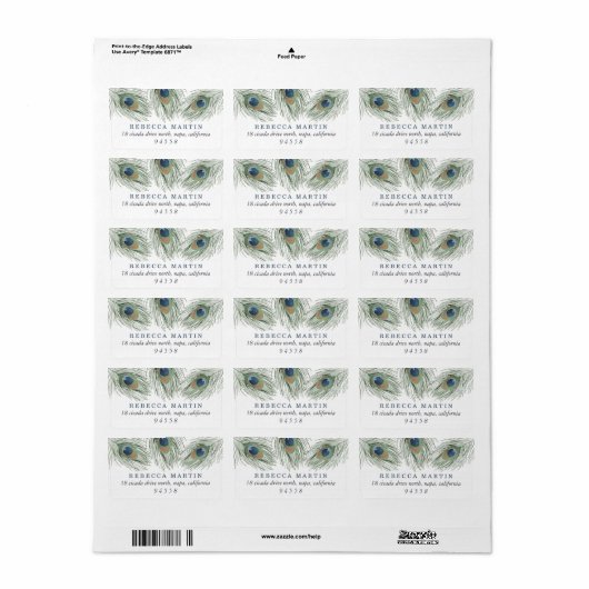 Waterverf Peacock Feathers Return Address Etiket (Full Sheet)
