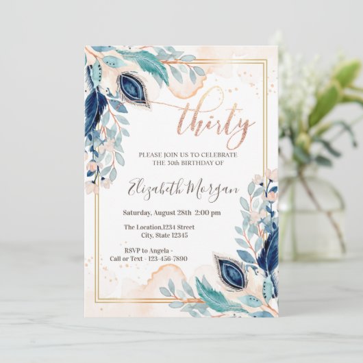 Waterverf Peacock Floral 30e verjaardag Kaart (Staand voorkant)