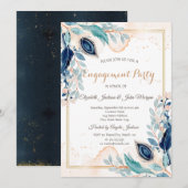 Waterverf Peacock Floral Dark Blue Verloving Kaart (Voorkant / Achterkant)