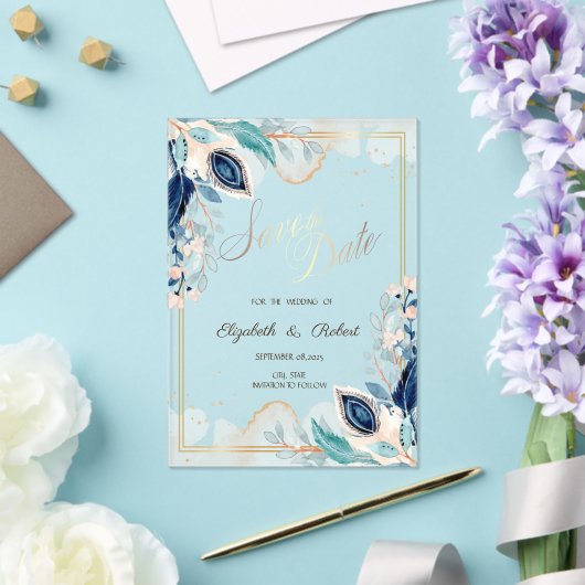 Waterverf Peacock Floral slaat de datum op Acryl Uitnodigingen (Insitu (Huwelijk))