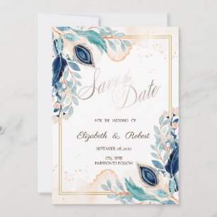 Waterverf Peacock Floral slaat de datum op Save The Date
