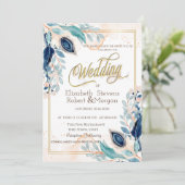 Waterverf Peacock Floral Wedding Kaart (Staand voorkant)