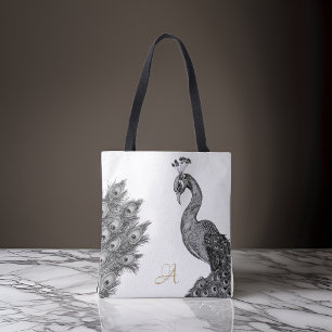 Waterverf Peacock Monogram Zwart-wit Tote Bag