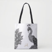 Waterverf Peacock Monogram Zwart-wit Tote Bag (Voorkant)