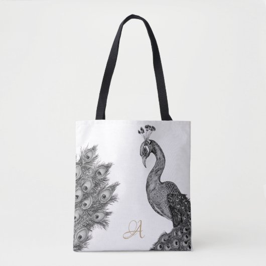Waterverf Peacock Monogram Zwart-wit Tote Bag (Voorkant)