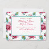 Waterverf Peacock & Red Floral - bruiloft Kaart (Voorkant)