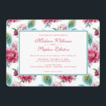 Waterverf Peacock & Red Floral - bruiloft Kaart<br><div class="desc">Dit prachtige patroon van de waterverf kenmerkt vredesveren en roze bloemen | © en ® Bigstock® - Alle rechten voorbehouden.</div>