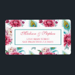 Waterverf Peacock & Rode Bloemen - Bruiloft Etiket<br><div class="desc">Dit prachtige patroon van de waterverf kenmerkt vredesveren en roze bloemen | © en ® Bigstock® - Alle rechten voorbehouden.</div>