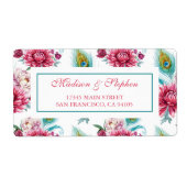 Waterverf Peacock & Rode Bloemen - Bruiloft Etiket (Voorkant)