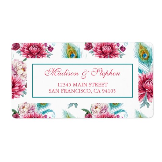 Waterverf Peacock & Rode Bloemen - Bruiloft Etiket (Voorkant)