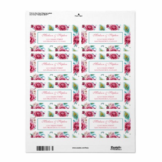 Waterverf Peacock & Rode Bloemen - Bruiloft Etiket (Full Sheet)