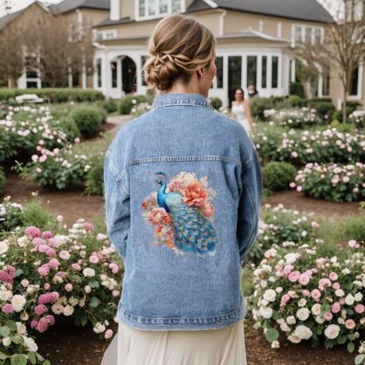 Waterverf Peacock Sinaasappel Botanische Bloemen Denim Jacket (Huwelijk Achterkant)