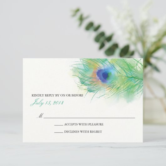 Waterverf Peacock Veer Bruiloft RSVP (Staand voorkant)