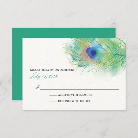 Waterverf Peacock Veer Bruiloft RSVP (Voorkant / Achterkant)