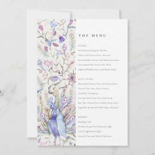 Waterverf Peacock Wedding Menu Soft Classy Kaart (Voorkant)