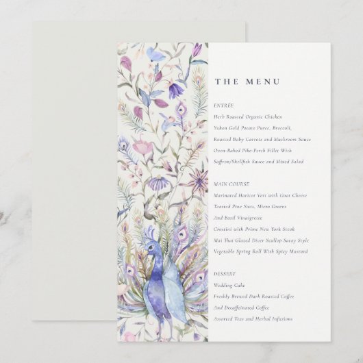  Waterverf Peacock Wedding Menu Soft Classy Kaart (Voorkant / Achterkant)