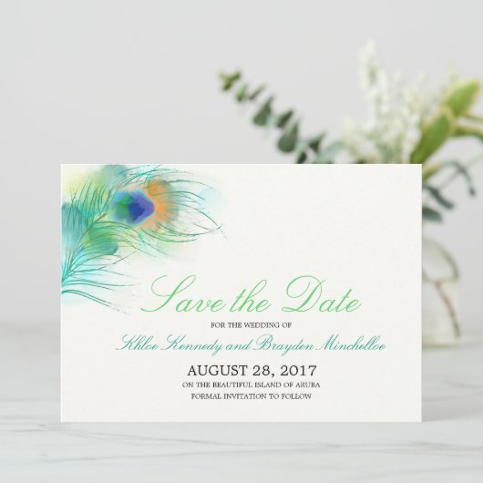 Waterverf PeacockVeer sparen de Datum Save The Date (Staand voorkant)