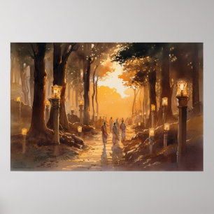 Waterverf pelgrimpad door de bossen poster
