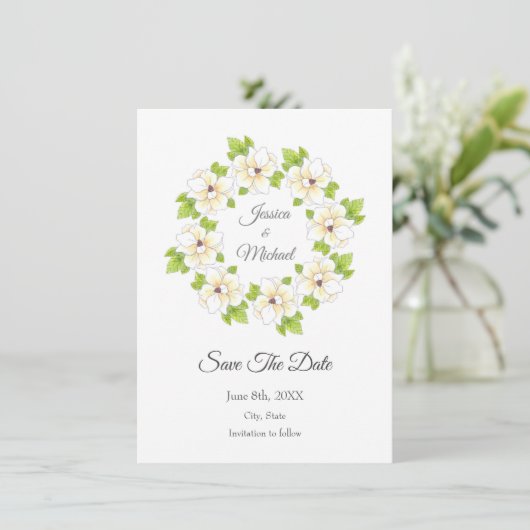 Waterverf, pen en inkt Magnolia Wreator Save The Date (Staand voorkant)