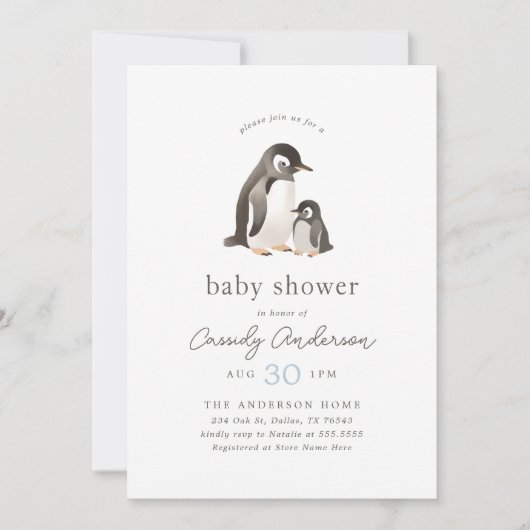 Waterverf Penguin Boy Baby shower Kaart (Voorkant)