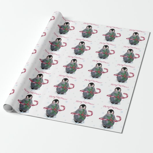 Waterverf Penguin Merry Kerstmis Cadeaupapier (Uitgerold)