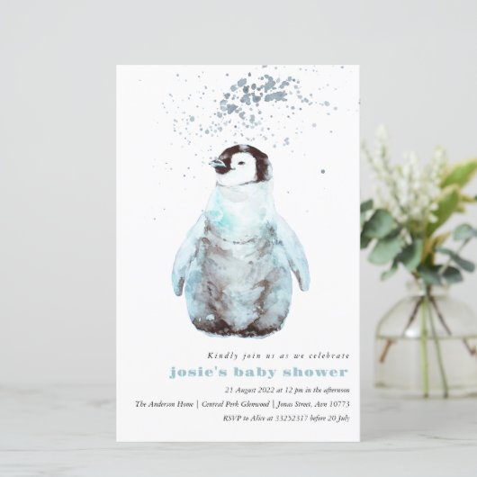 Waterverf Penguin Winter Baby shower Uitnodiging (Staand voorkant)