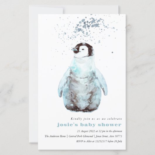 Waterverf Penguin Winter Baby shower Uitnodiging (Voorkant)
