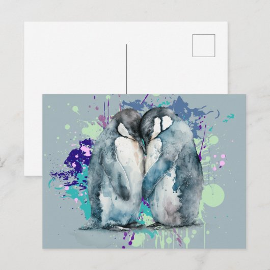 Waterverf Penguins Briefkaart (Voorkant / Achterkant)