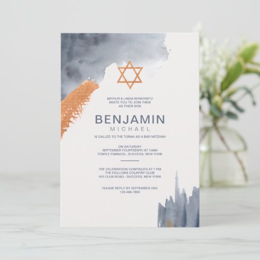 Waterverf Penseelstreken balk Mitzvah-uitnodiging Kaart (Staand voorkant)