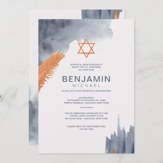 Waterverf Penseelstreken balk Mitzvah-uitnodiging Kaart (Voorkant / Achterkant)