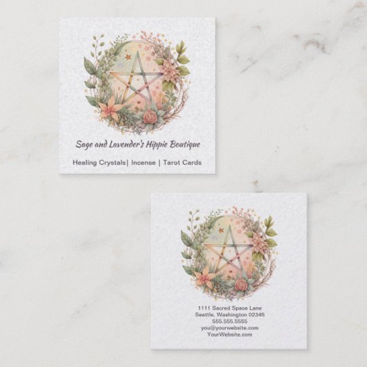 Waterverf Pentagram en Flowers Vierkante Visitekaartje (Voorkant / Achterkant)