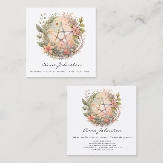 Waterverf Pentagram en Flowers Vierkante Visitekaartje (Voorkant / Achterkant)