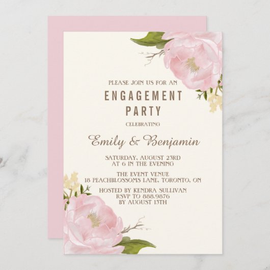  Waterverf Peonies Engagement Party Kaart (Voorkant / Achterkant)