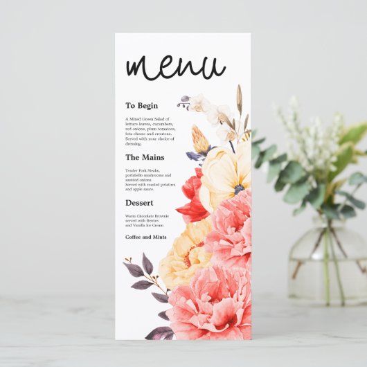 Waterverf Peonies Magnolia Florals Scriptbruiloft Menu (Staand voorkant)