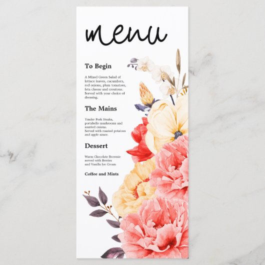 Waterverf Peonies Magnolia Florals Scriptbruiloft Menu (Voorkant)