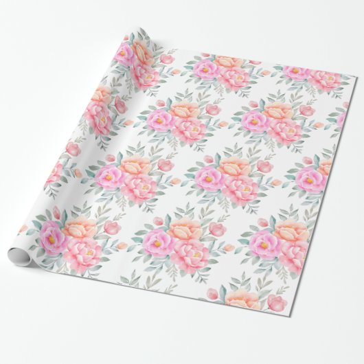 Waterverf Peonies Rozen Pink Peach Floral Boho Cadeaupapier (Uitgerold)
