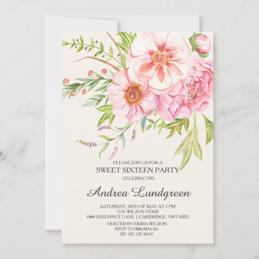  Waterverf Peonies Sweet Sixteen Invite Kaart (Voorkant)