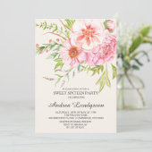  Waterverf Peonies Sweet Sixteen Invite Kaart (Staand voorkant)
