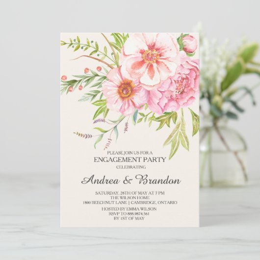  Waterverf Peonies Verloving Uitnodiging (Staand voorkant)
