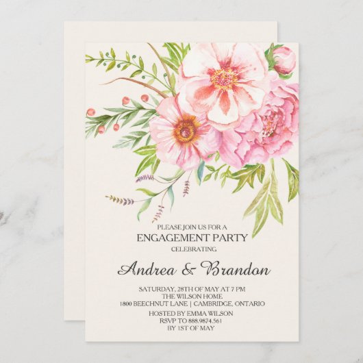  Waterverf Peonies Verloving Uitnodiging (Voorkant / Achterkant)
