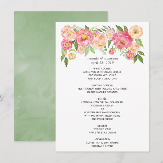 Waterverf Peonies Wedding Menu (Voorkant / Achterkant)