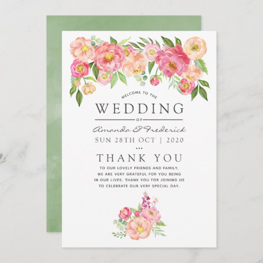 Waterverf Peonies Wedding Programmakaart (Voorkant / Achterkant)