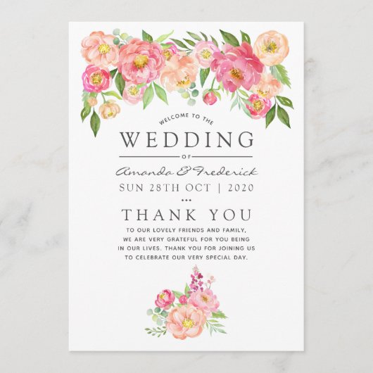 Waterverf Peonies Wedding Programmakaart (Voorkant)