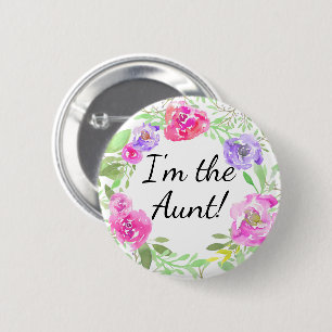 Waterverf Peony Baby shower I m de Tante Name Tag Ronde Button 5,7 Cm