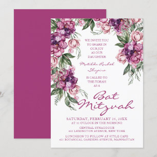 Waterverf Peony Bat Mitzvah Modern Floral Kaart