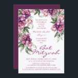 Waterverf Peony Bat Mitzvah Modern Floral Kaart<br><div class="desc">Waterverf Peony Bat Mitzvah Modern Floral Invitations is voorzien van een elegant waterverf paars Peony flower lijst in zacht paars en stoffig roze met groene bladeren op een witte achtergrond met uw Bat Mitzvah Uitnodiging informatie in het centrum. Personaliseer door de tekst in de verstrekte tekstvakjes uit te geven. Ontworpen...</div>