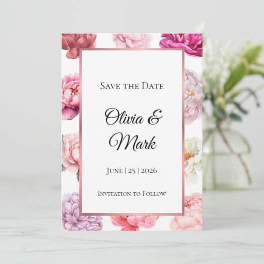 Waterverf Peony Bewaar de datum | Roos Gouden Bloe Save The Date (Staand voorkant)