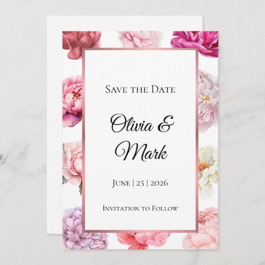 Waterverf Peony Bewaar de datum | Roos Gouden Bloe Save The Date (Voorkant / Achterkant)